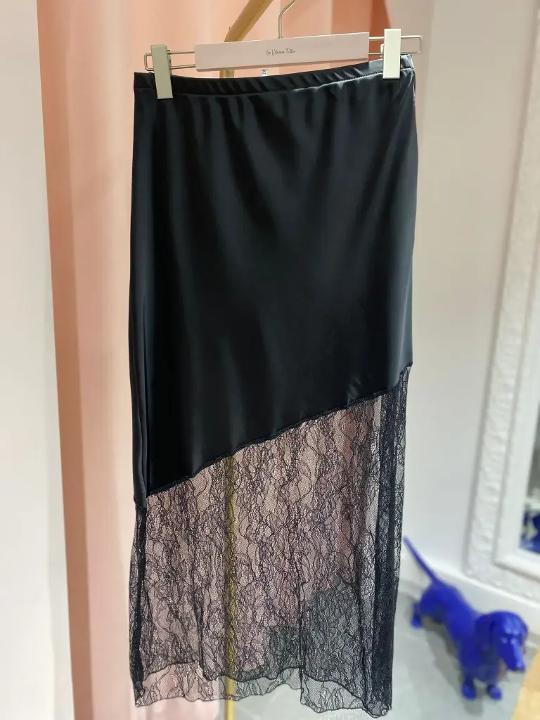 Jupe satinee asymetrique/dentelle (Noir, S)