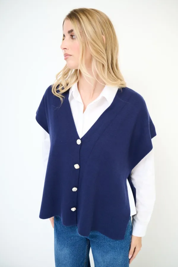 Gilet SM ouvert boutons strass- TU (Bleu Marine)