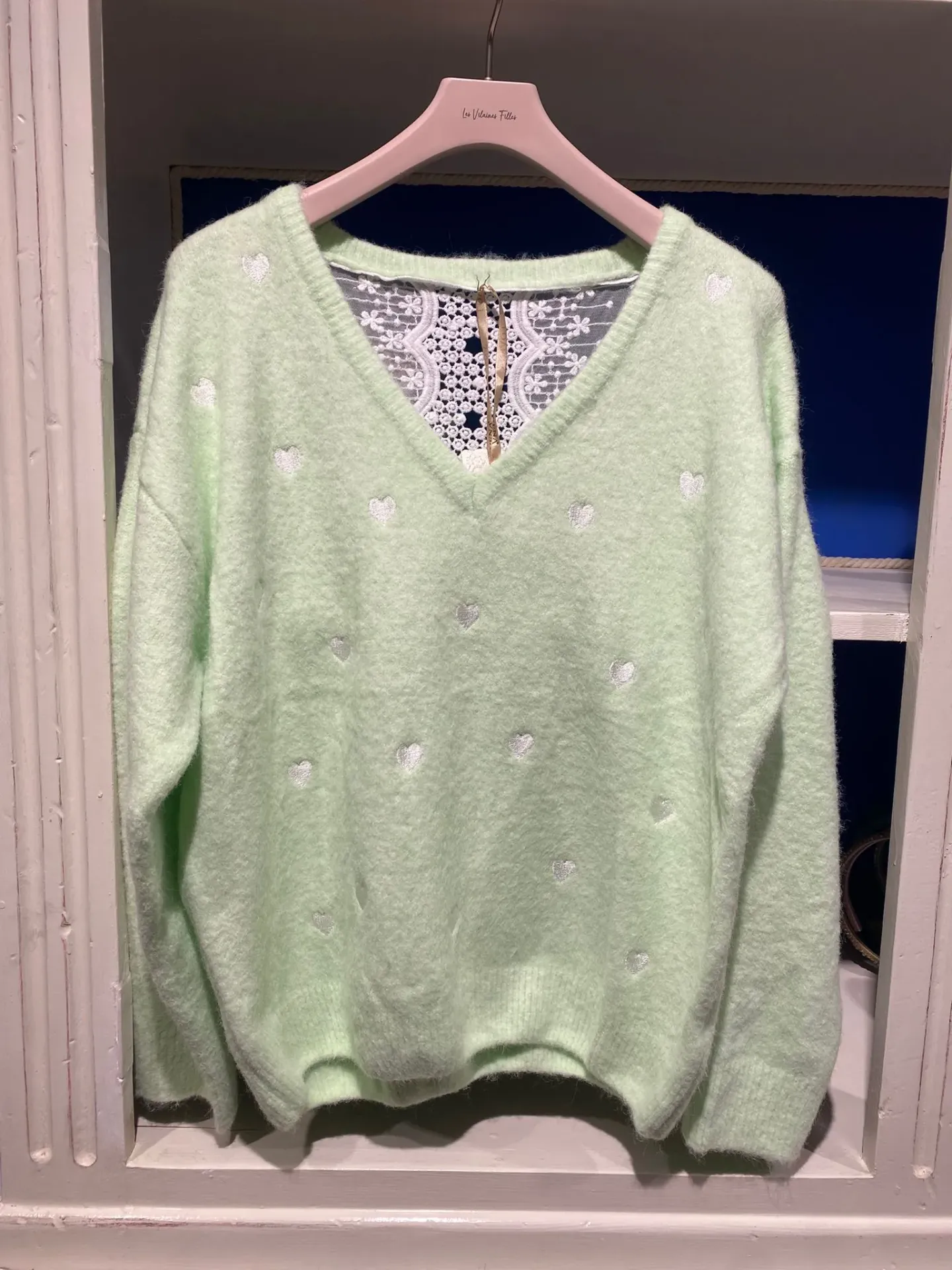 Pull col, dos dentelle- TU (Vert eau)