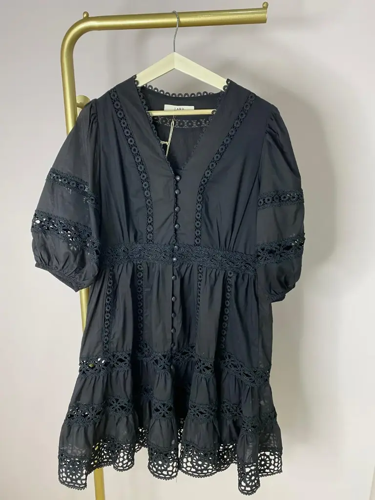 Robe, décolleté V, manches 3/4 (Noir, S)