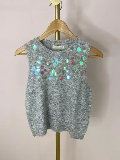 Pull sans manches, décor brillant col