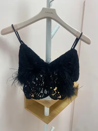 Top Bustier dentelle et plumes noir